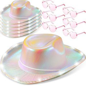 6 Pack Led Cowboy Hats Light Up Glitter Space Cowgirl Hat With 6 Heart🥸